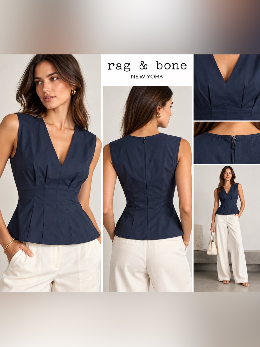 rag & bone Navy Blue Cotton V-Neck Peplum Sleeveless Top Size 2